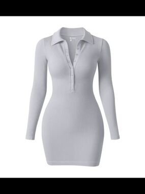 OQQ Light Gray Ribbed Long-Sleeve Polo Bodycon Dress Size M